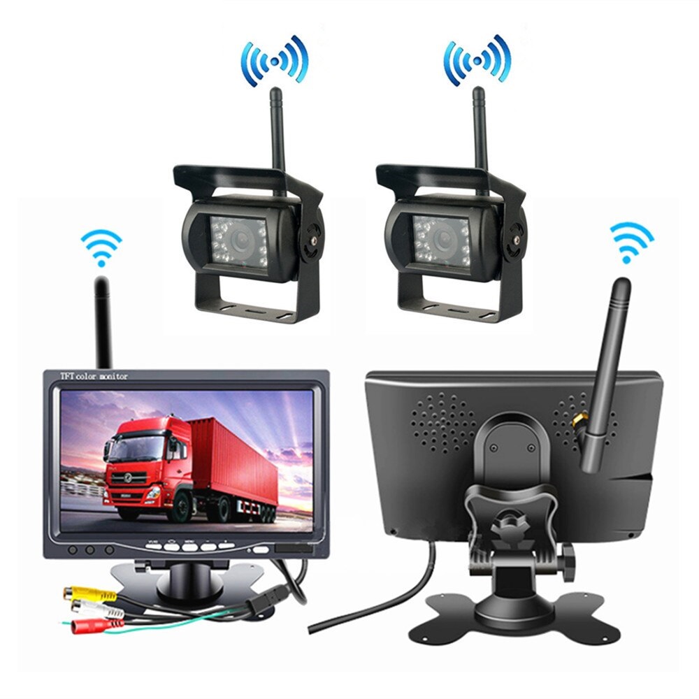 7" LCD monitorius ir dvejos bevielės galinio vaizdo kameros