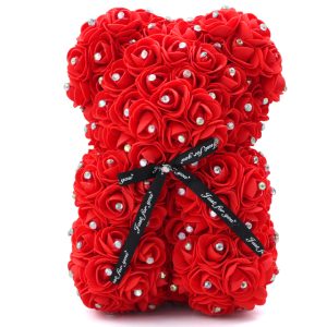 Meškiukas iš rožių Rose Bear, raudonas su kaspiniuku 25cm