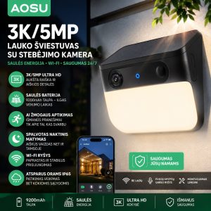 Lauko šviestuvas su stebėjimo kamera, saulės baterija, WiFi