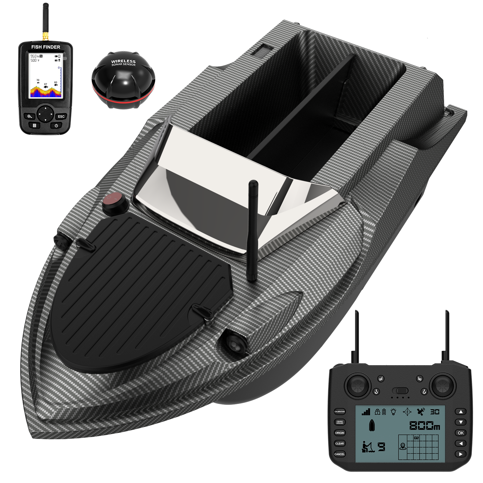 Flytec V080 pašarų laivelis su echolotu, 180 taškų GPS