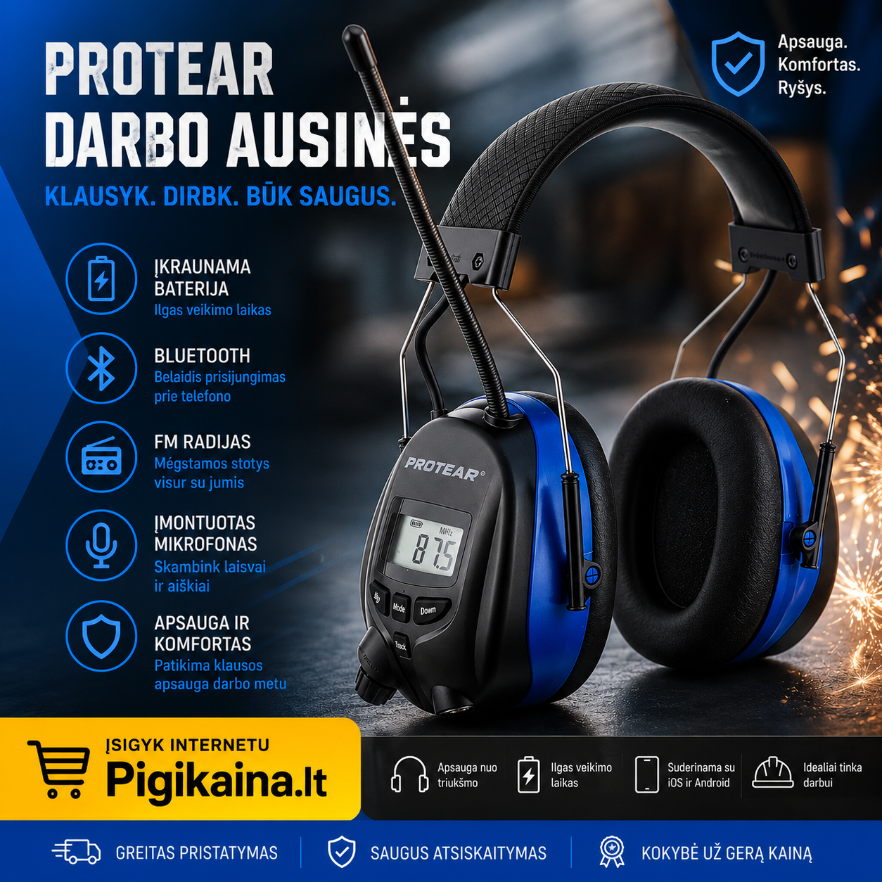 Darbo apsauginės ausinės Bluetooth, FM radija, LCD, įkraunamos